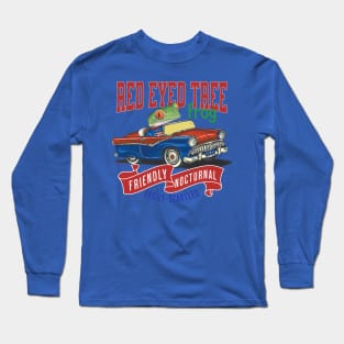 Funny and Cute Red Eye Tree Frog driving a classic vintage retro car with red white and blue banners tee Long Sleeve T-Shirt